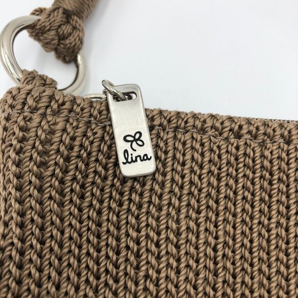LINA Crocheted Taupe Polypropylene Shoulder Bag Zip Closure   EUC - Picture 3 of 9
